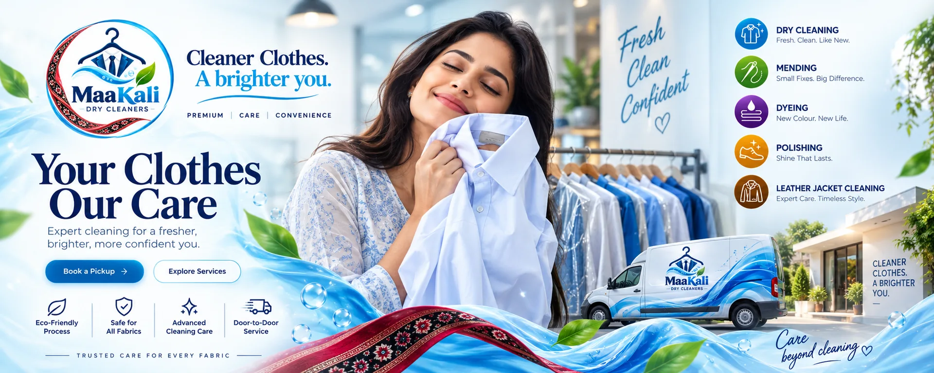 Maa Kali Dry Cleaners — Your Clothes, Our Care. Premium dry cleaning, mending, dyeing, polishing and leather jacket cleaning in Bhubaneswar.